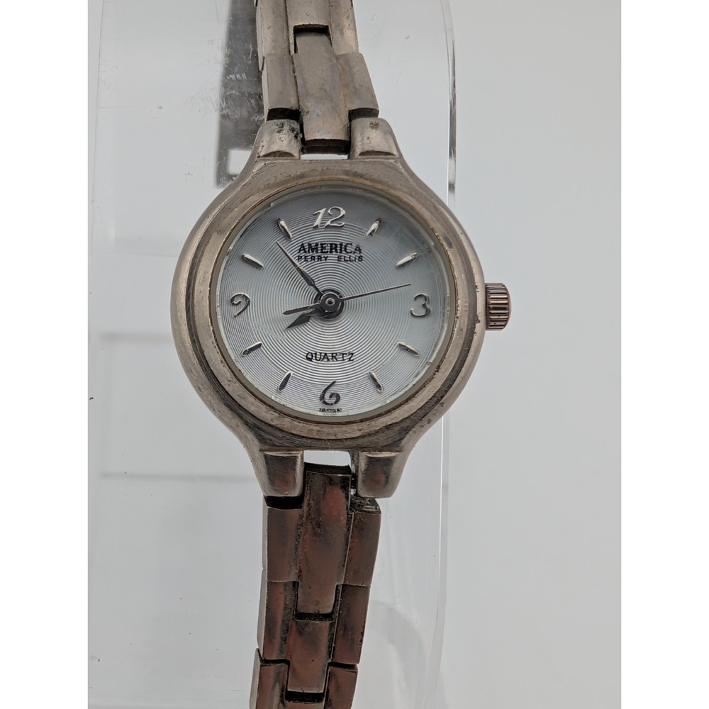Vtg America Perry Ellis Watch Women 19mm Silver Case 6" Band- New‎ Battery